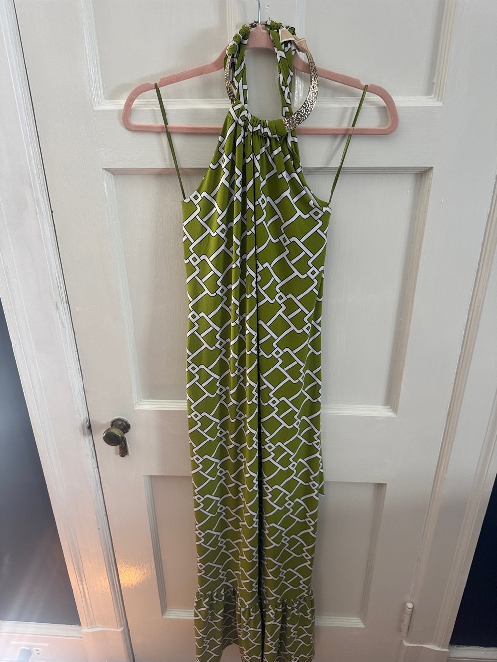MICHAEL Michael Kors Olive Green Geometric Halter Maxi Dress - Picture 2 of 2